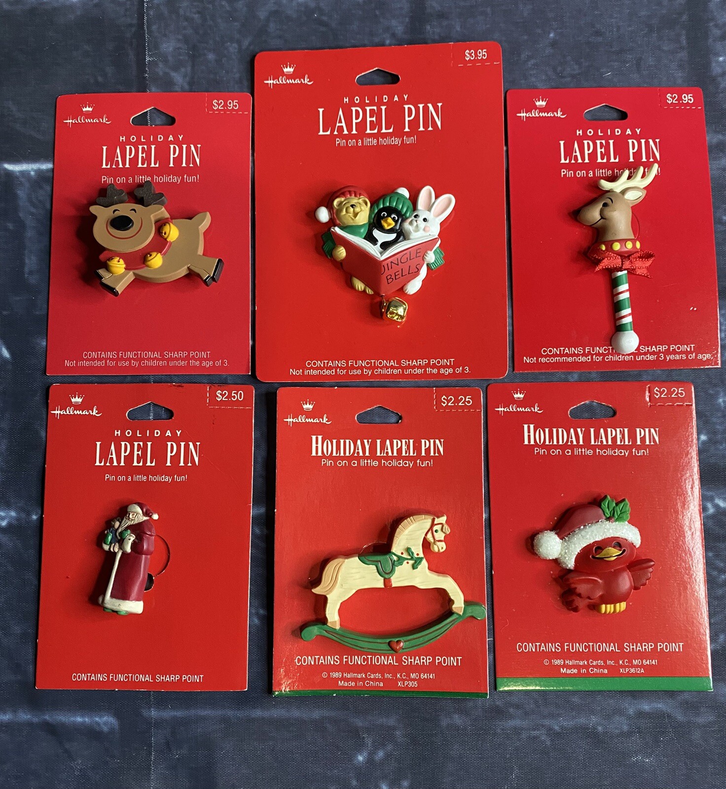 VINTAGE Hallmark Christmas Pin lot of 6 NOS on original cards Santa Reindeer