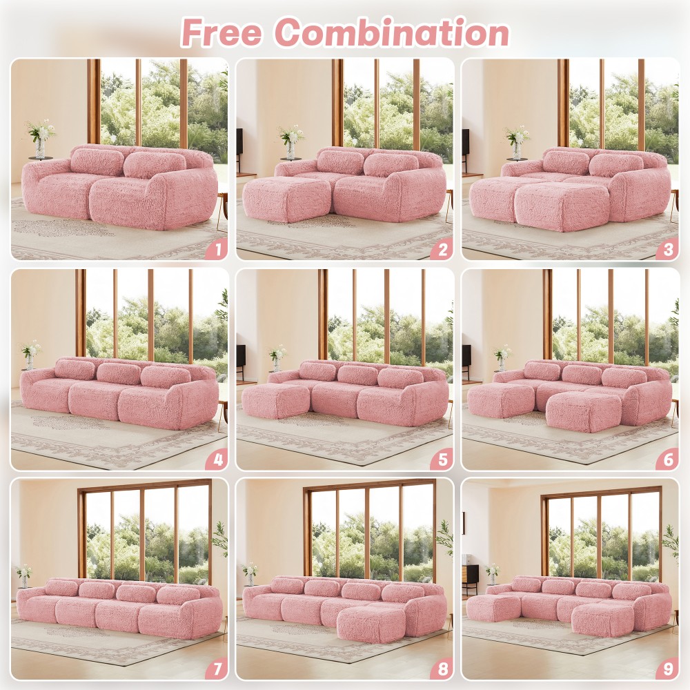 2-seater Sectional Couches Soft Fluffy Plush Fabric Bottom Anti-Slip Design Pink