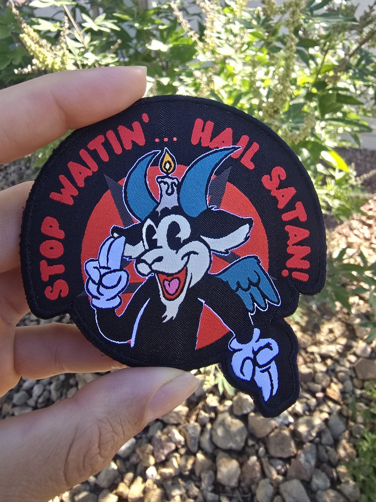 Stop Waitin' Hail Satan Woven Patch -Hook And Loop
