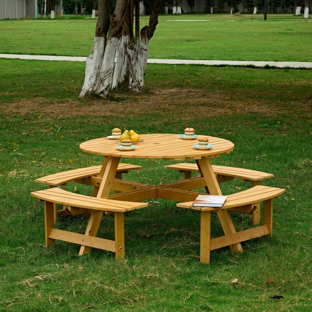 8-Person Round Picnic Table Set with 4 Built-in Benches & Umbrella Hole