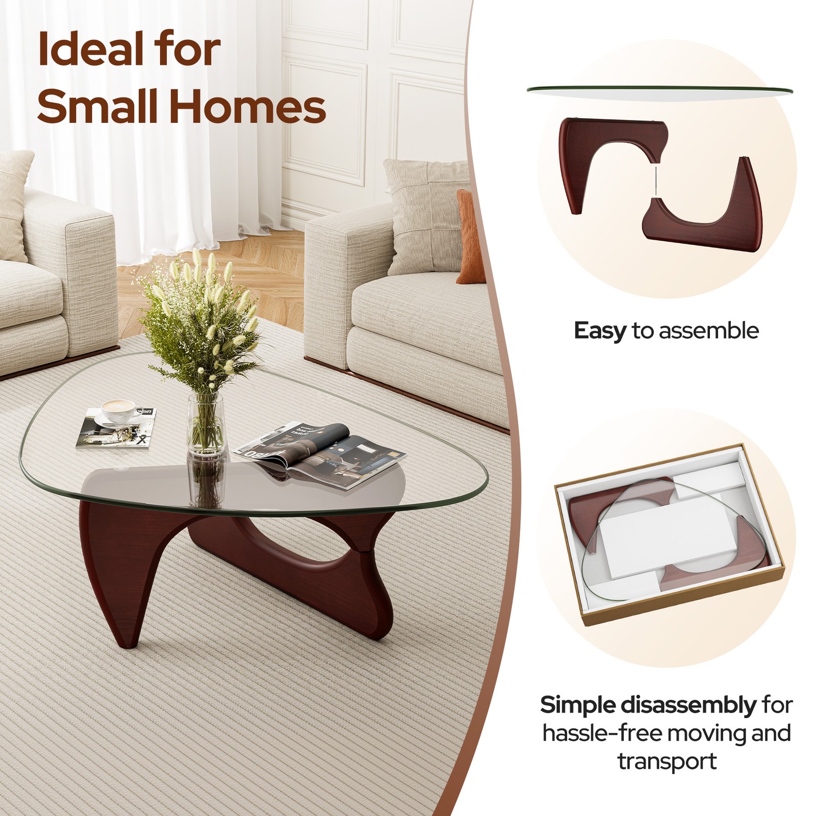Used Noguchi Style Coffee Table Triangle Glass Top Premium Solid Hardwood Base