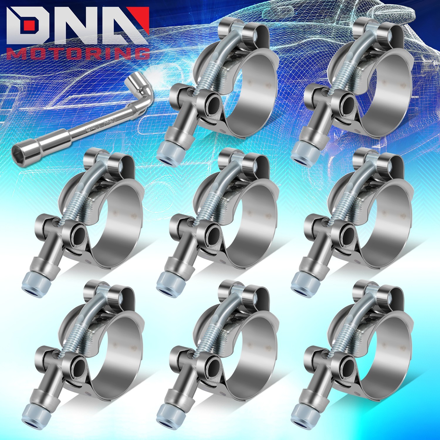 0.875"-1.25"ID S.Steel 0.75" ID Silicone Hose T-Bolt Clamp 8Pcs w/ L-Wrench