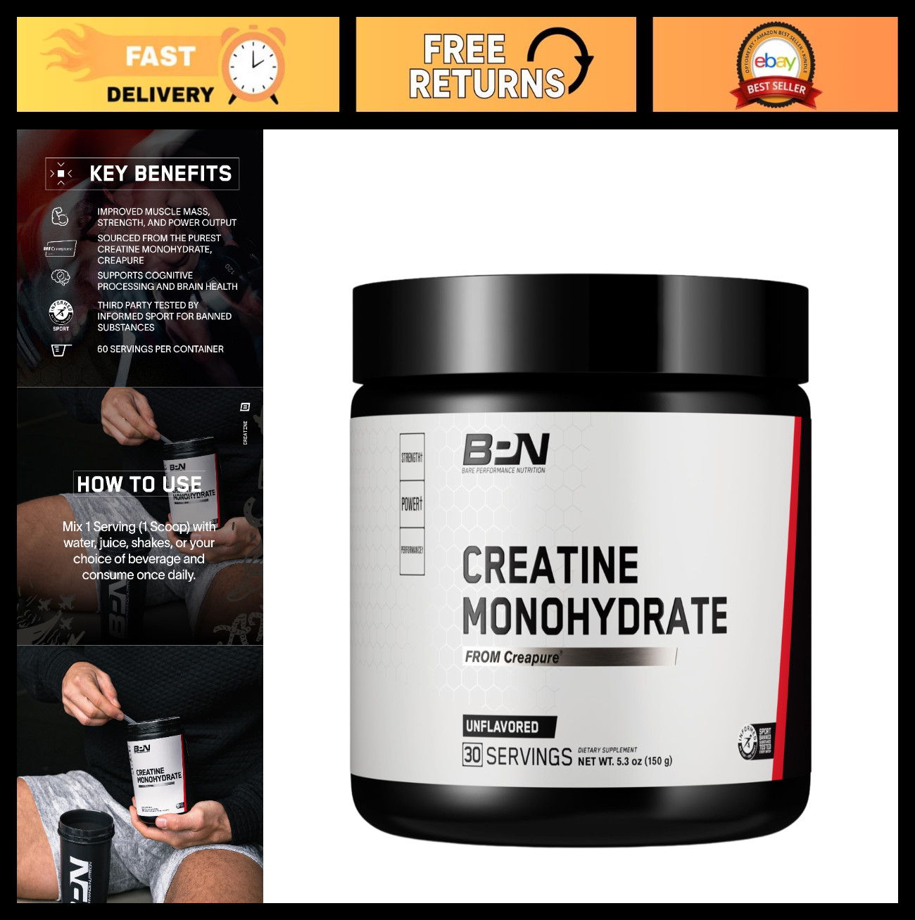 Pure Creatine Monohydrate Powder, 5g per Serving, Unflavored, Muscle Growth & St