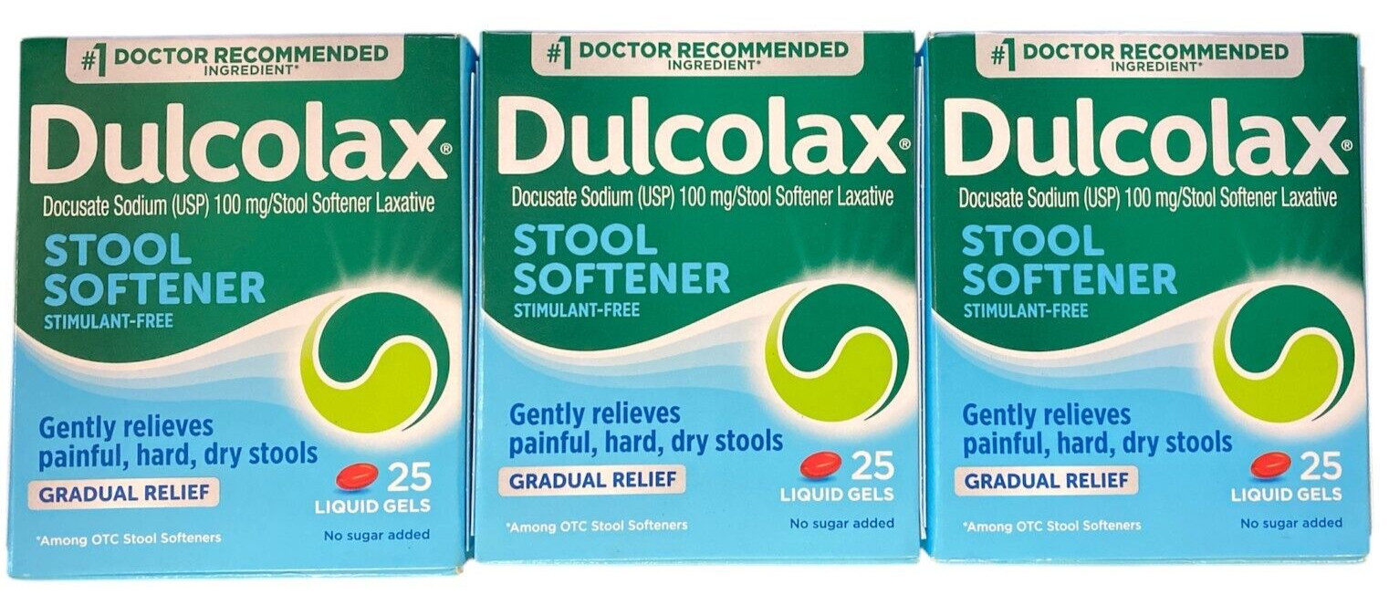 Lot of 3 Dulcolax Stool Softener 25ct. Stimulant-Free, Gradual Relief Exp 03/27
