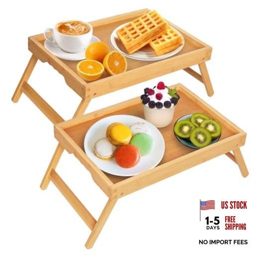 Bed Tray Table with Folding Legs,Breakfast in Bed Medium (Pack of 2) Bamboo
