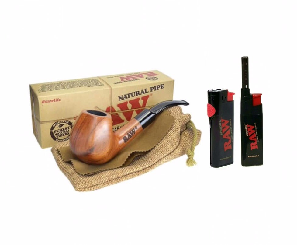 Raw Wooden Smoking Pipe Natural Uncoated Hand Carved+Raw Phoenix Extendo Lighter