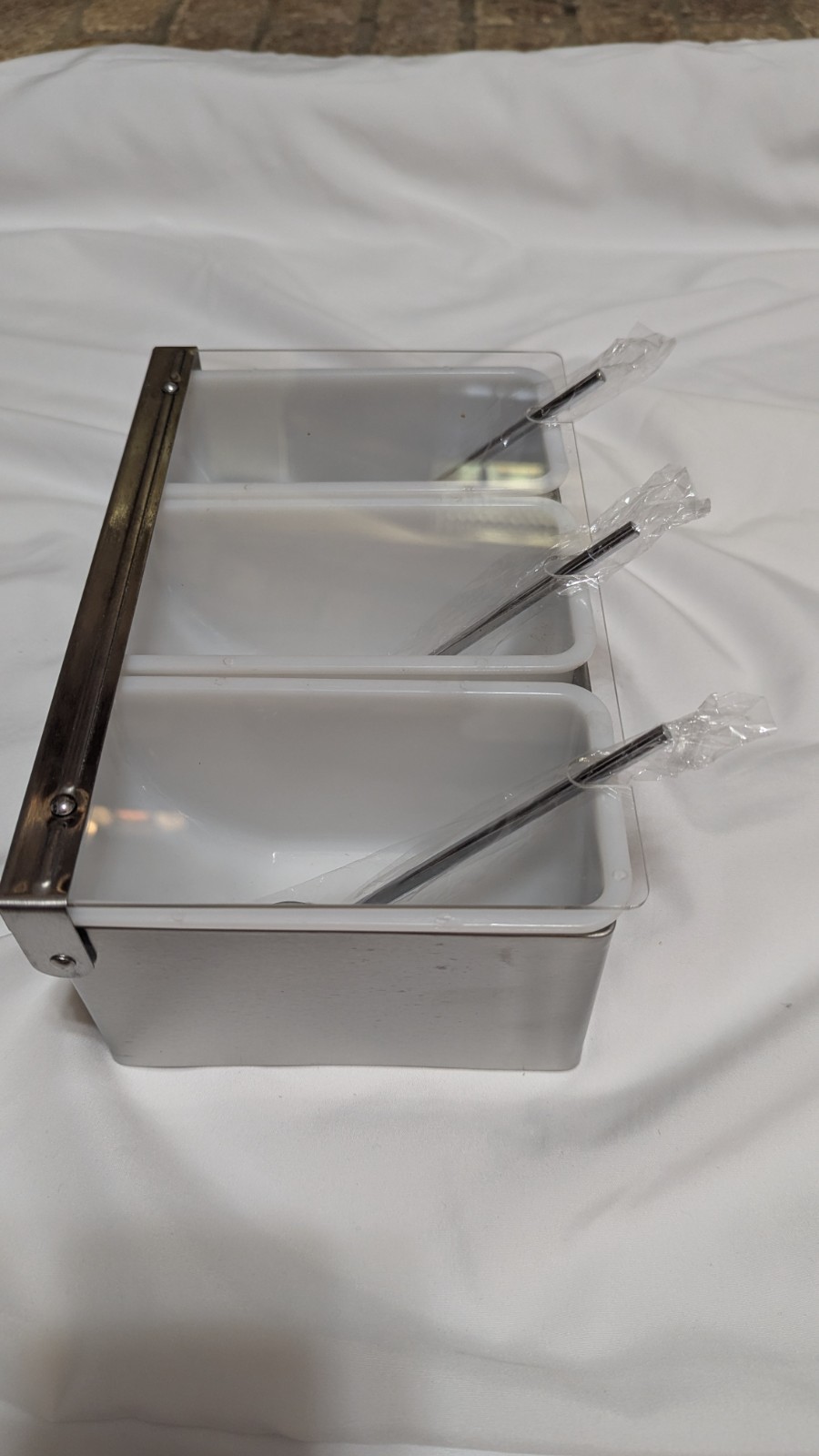 Premium Stainless Steel 3 Compartment Condiment Tray with Spoons