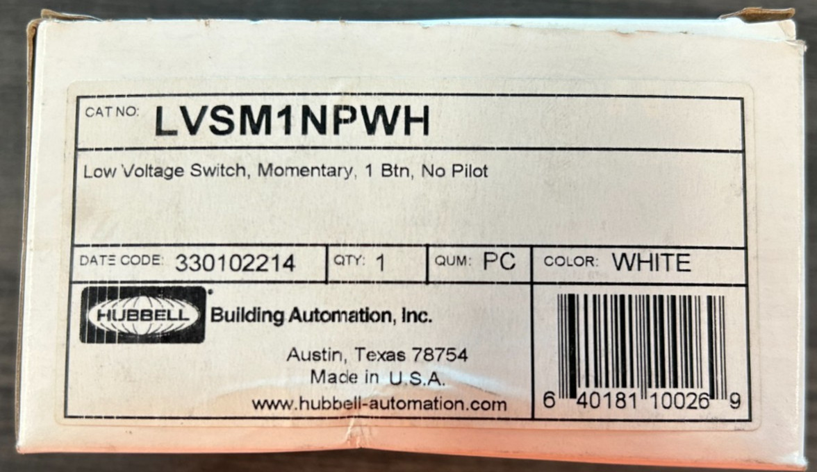 Hubbell LVSM1NPWH White Low Voltage 1 Button Switch Momentary, No Pilot
