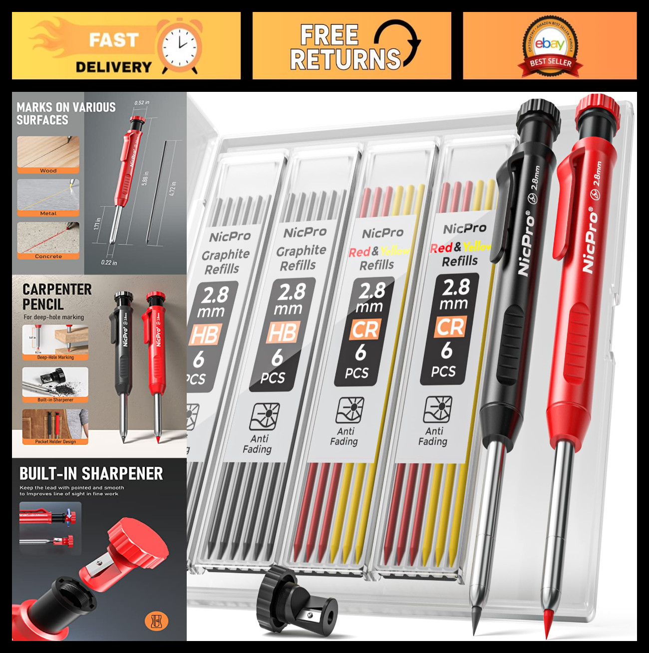 Carpenter Pencil Set with Sharpener & 26 Refills, Deep Hole Marker for Woodworki