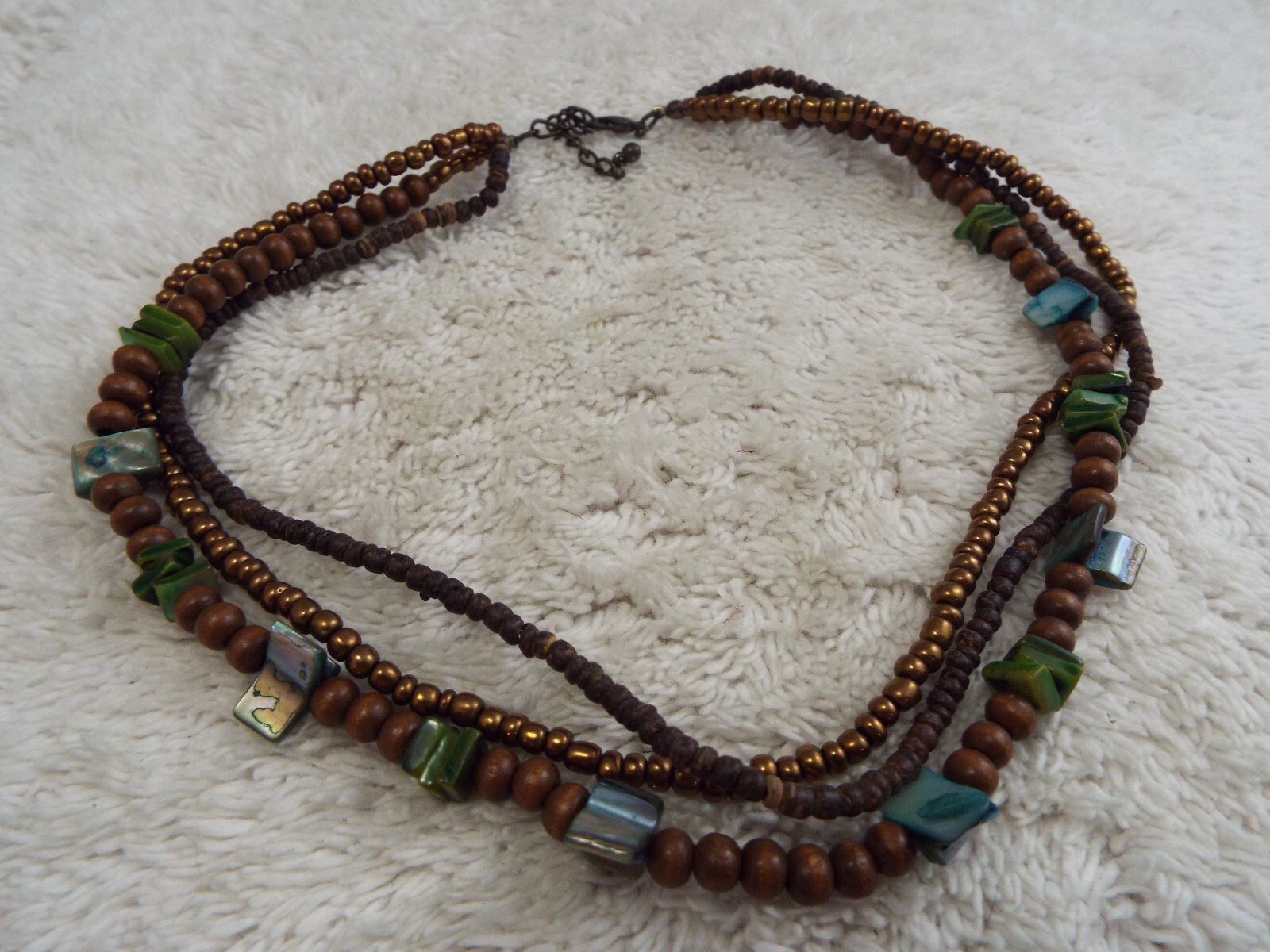 Wood Brown Glass Green Blue Shell Three Strand Necklace (F17)