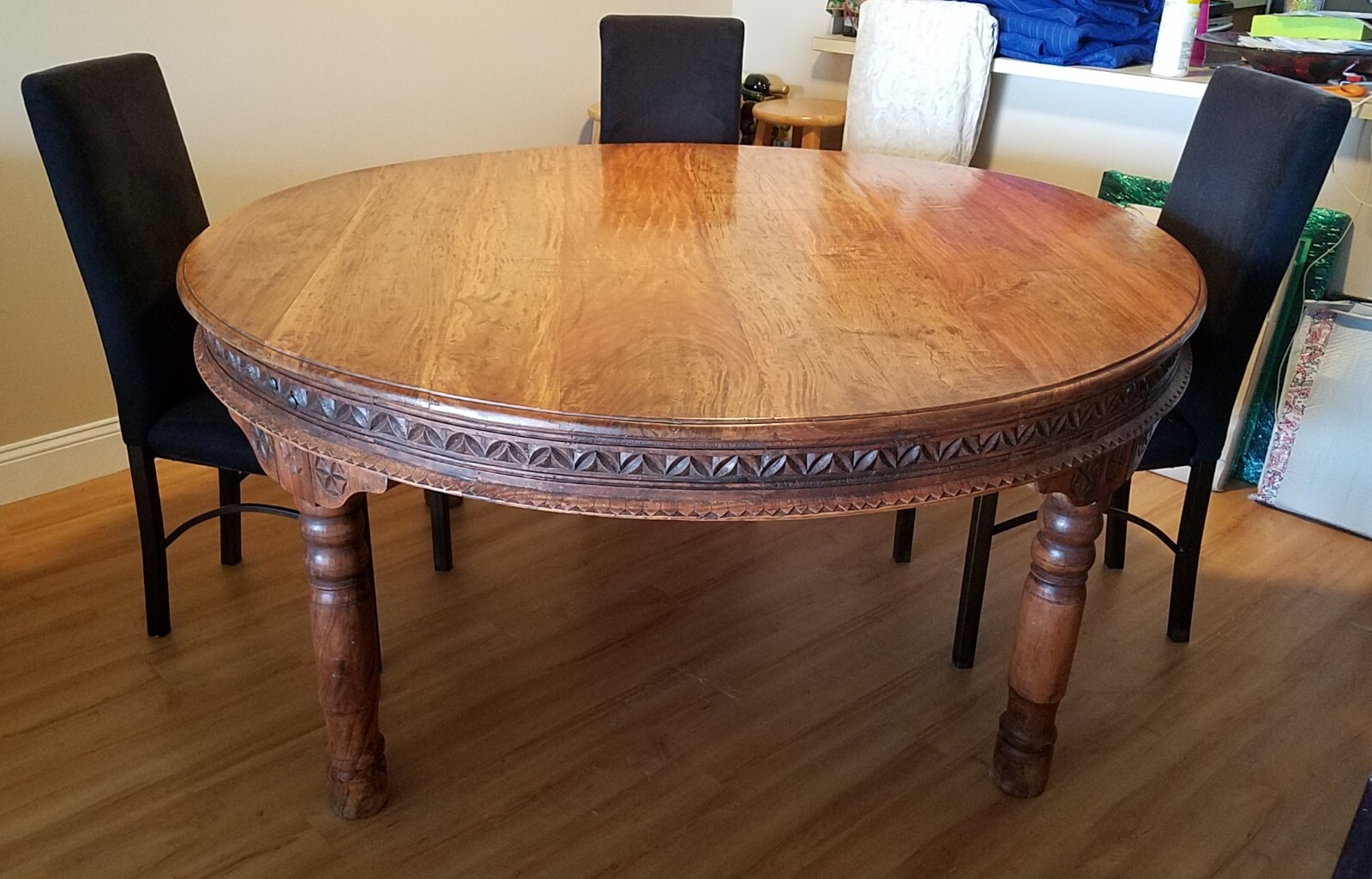 Rustic Custom Designed Solid Wood Round Indonesian Dining Table with 8 Chairs
