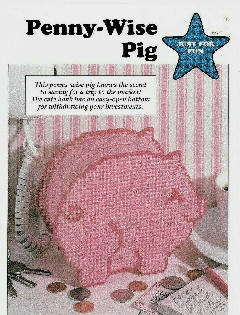 NEW PENNY WISE PIG BANK HOME DECOR PLASTIC CANVAS PATTERN INSTRUCTIONS