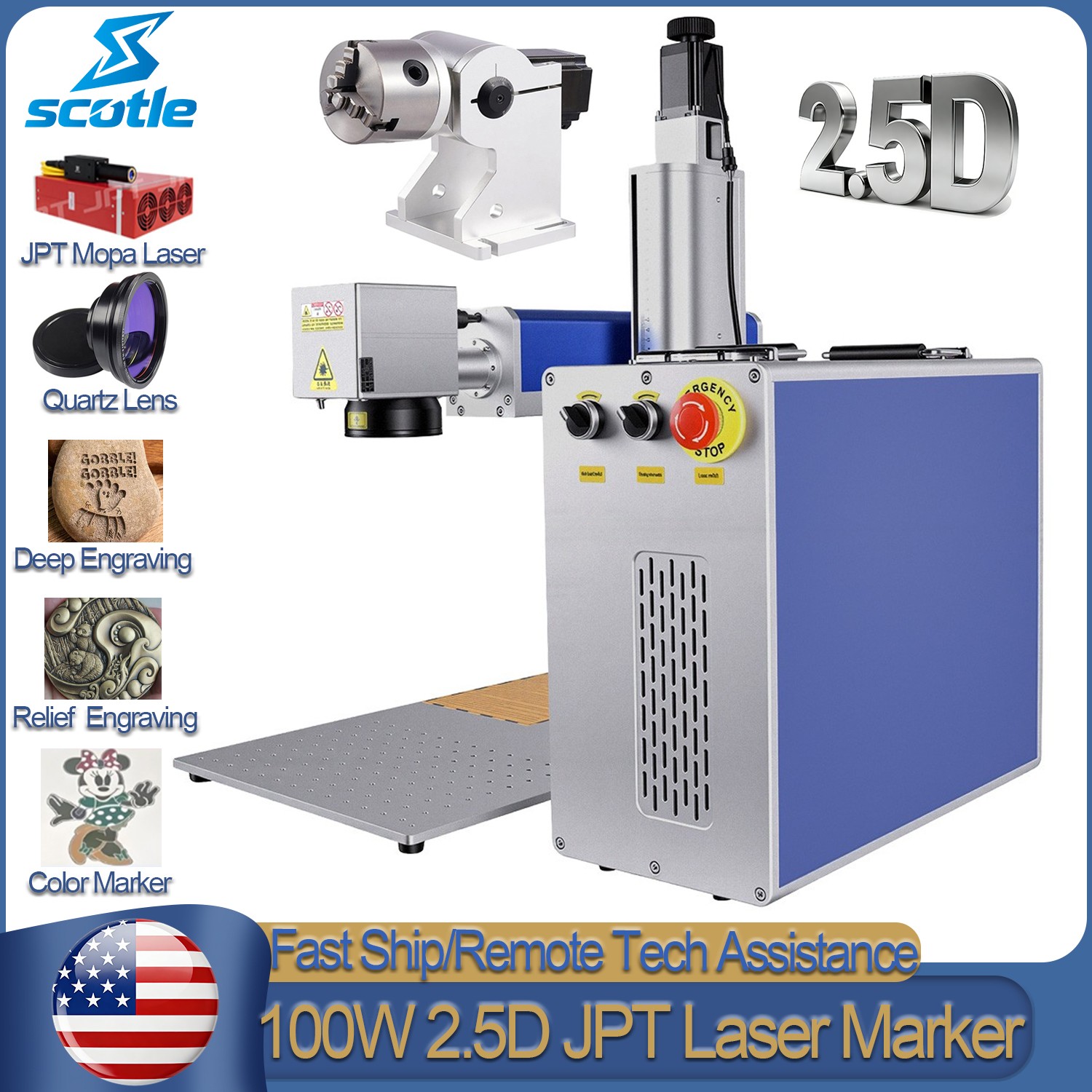 Scotle 2.5D 100W JPT Mopa Fiber Laser Marking Machine Metal Deep/Relief Engraver