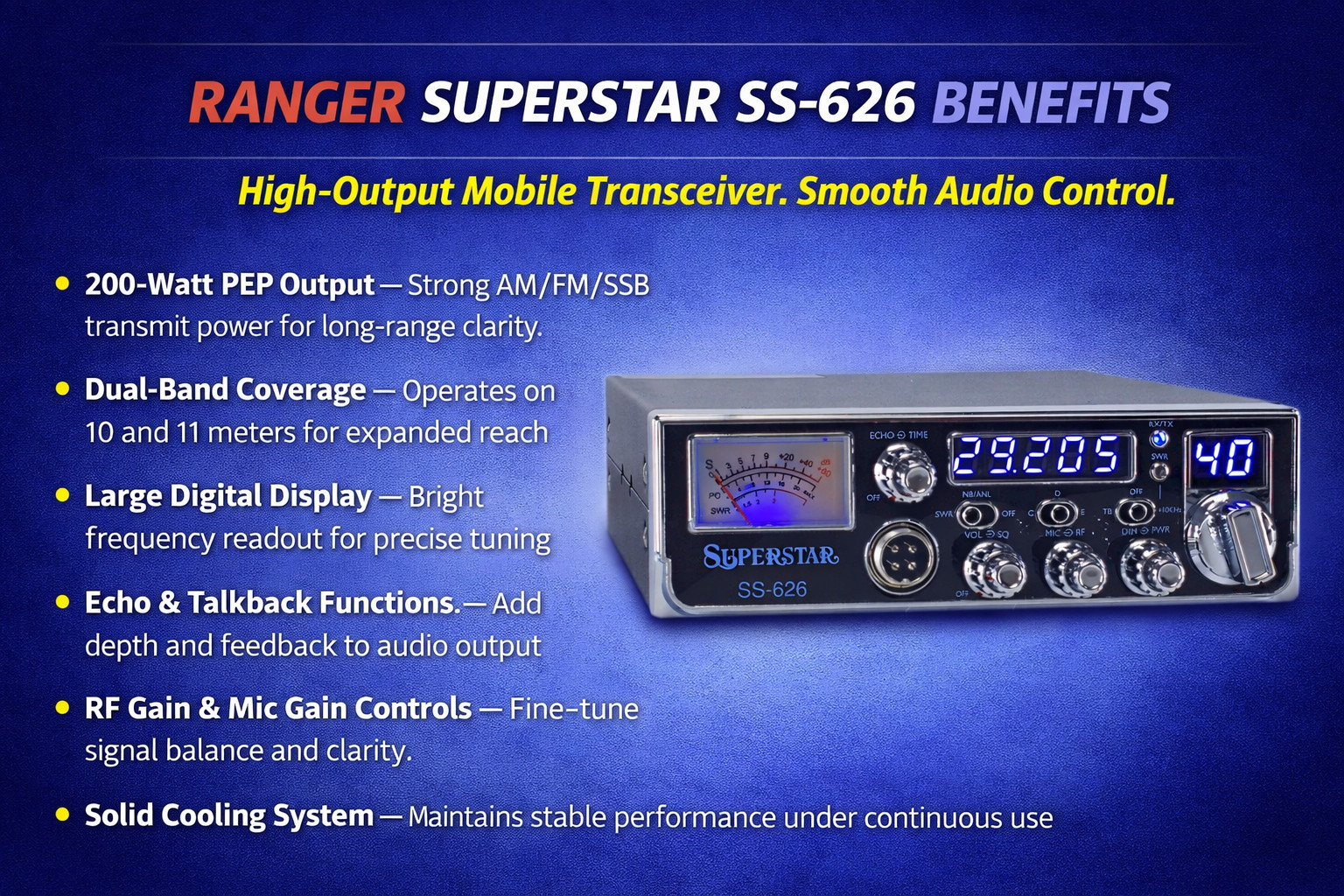 Ranger SuperStar SS‑626 10 Meter Radio 45W AM Echo Talkback Compact Size