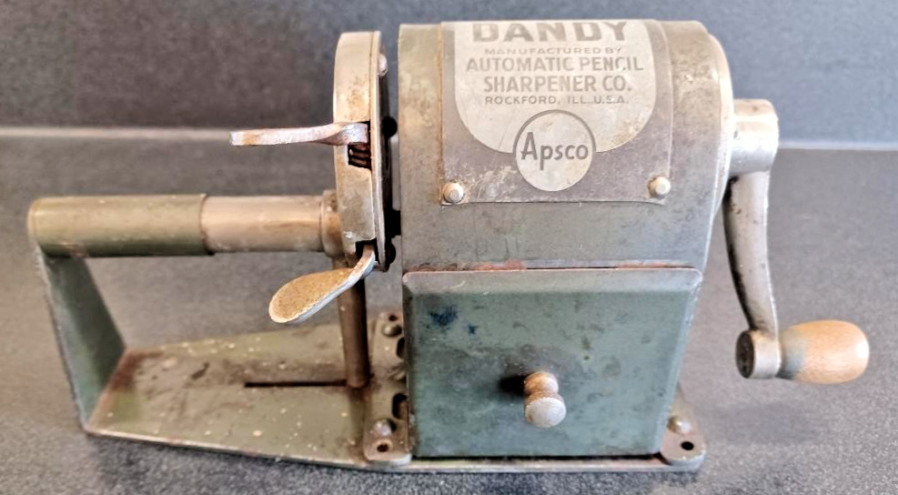 Vintage APSCO DANDY Automatic Pencil Sharpener in Military Green Original Patina