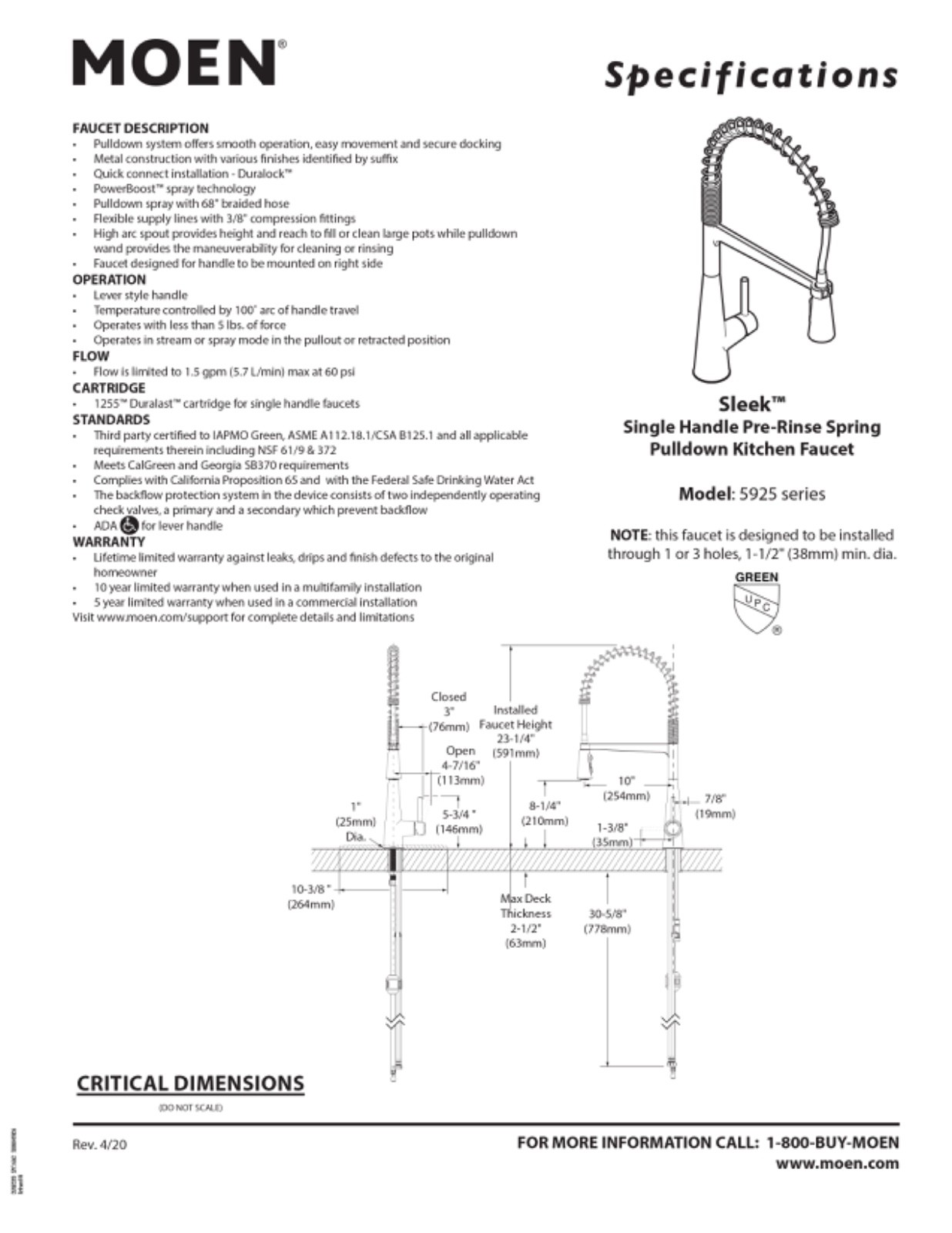 Moen 5925BL Sleek Matte Black 1-Handle Pre-Rinse Spring Pulldown Kitchen Faucet