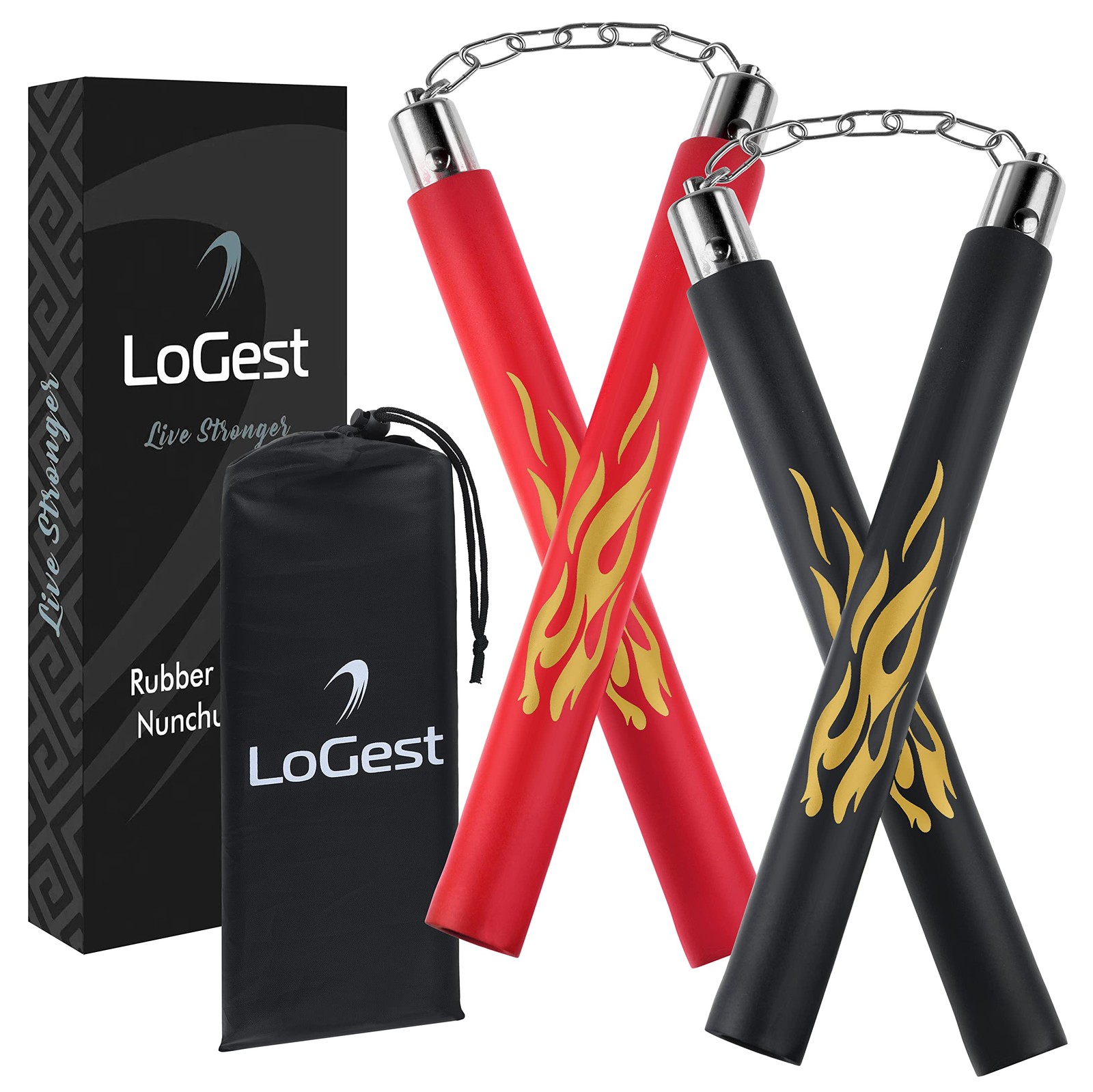 Logest Nunchucks - Pack of 2 with Storage Bag Safe Foam Rubber & Black - Red