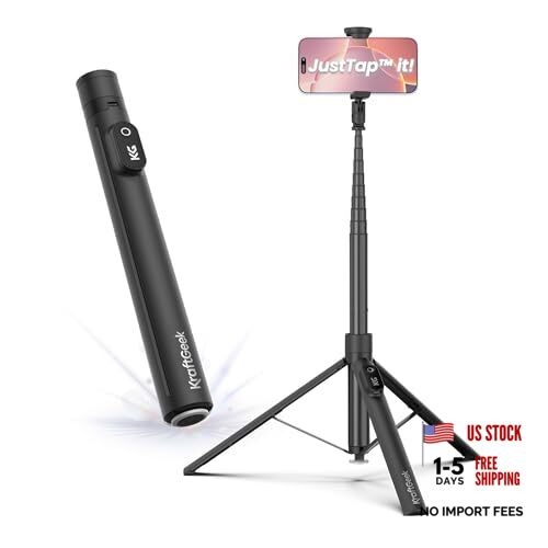 66" JustTap Phone Tripod for iPhone, Automatic Selfie Stick for Cell Black