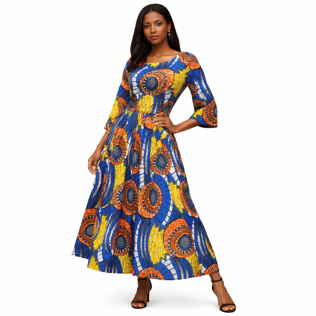 Women's Long Maxi African Dress Free Size & Plus Size African Print Long Sleeves