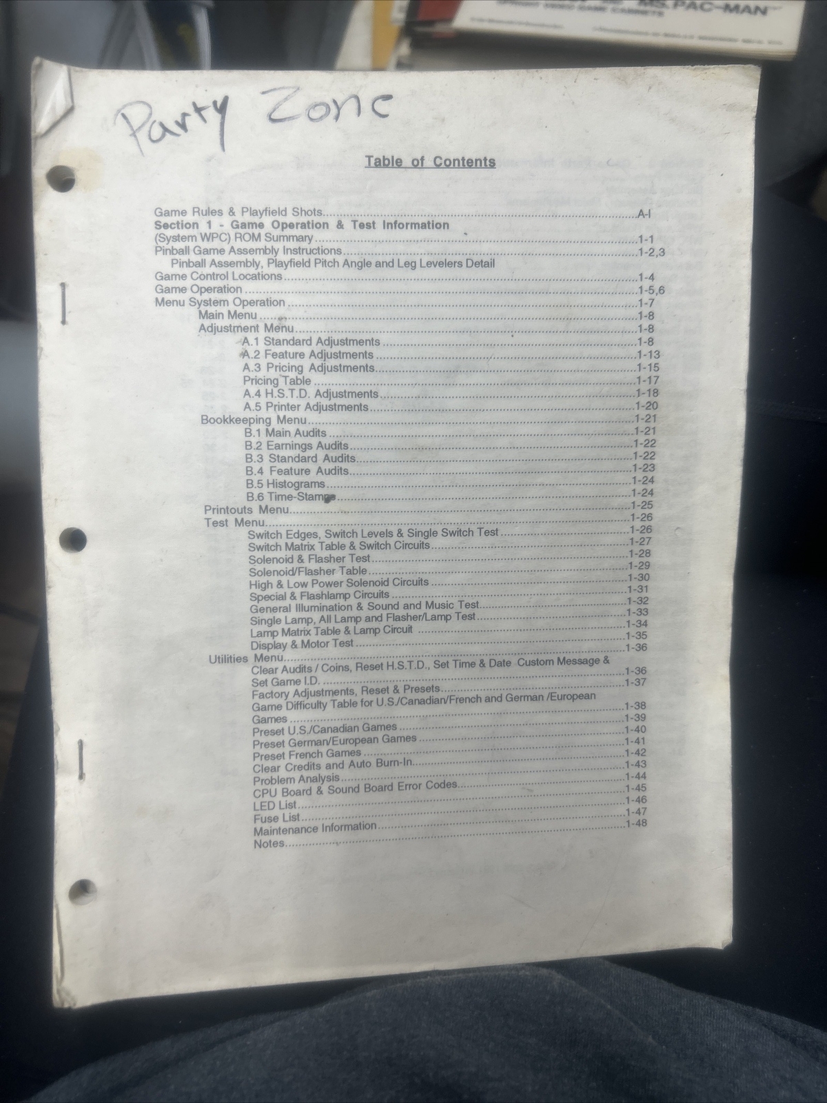 Bally THE PARTY ZONE Pinball Machine Manual - good used original