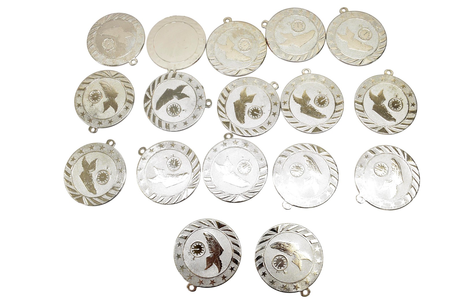 Silver Tone Round Running Shoe Medals Lot Of 17 W Loop Sports Award Blanks