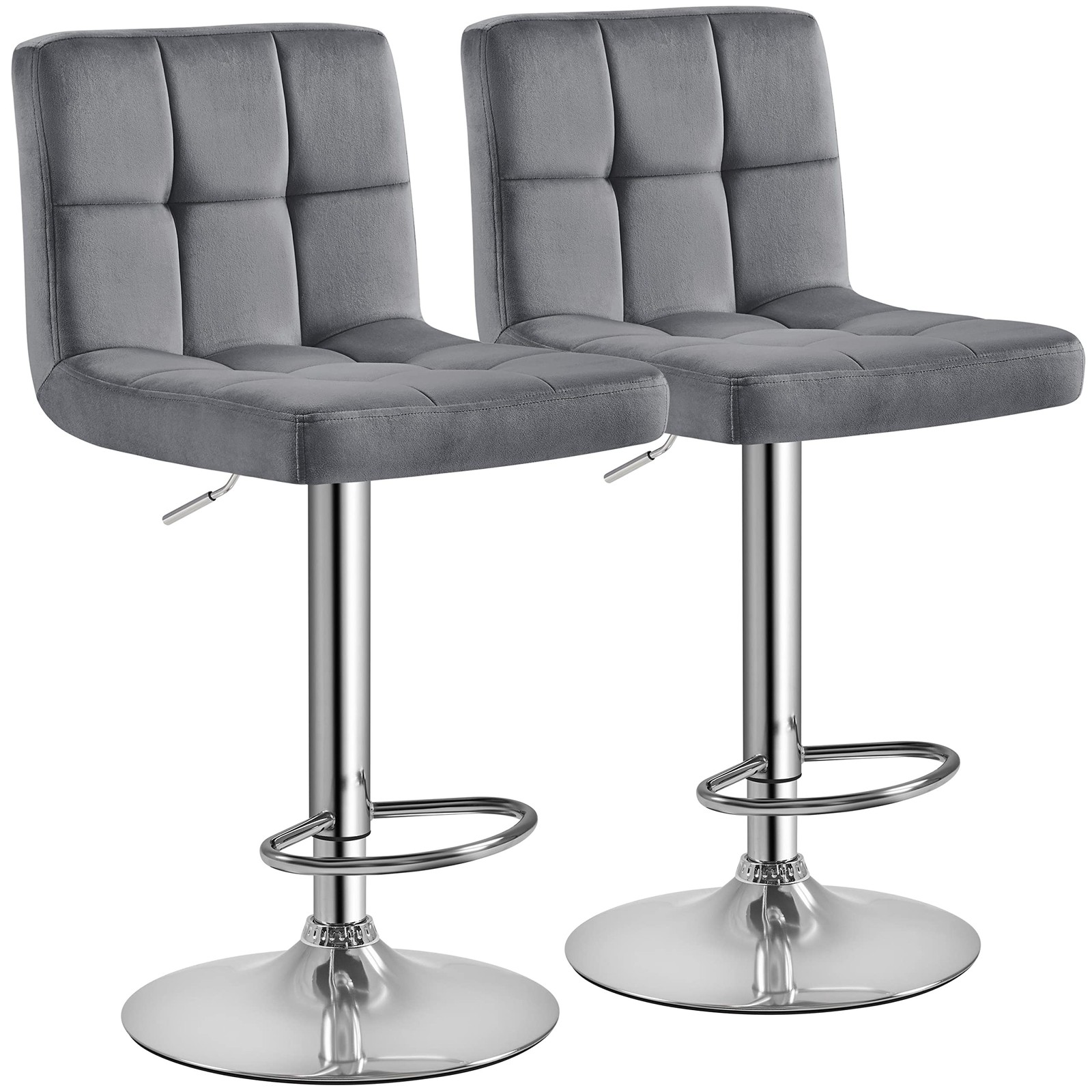 Bar Stools 2Pcs, Adjustable Velvet Fabric Swivel Barstools, Modern Stools, Gray