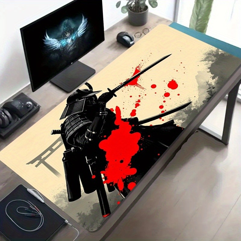 A Large Gaming Mouse Pad Featuring a Japanese Samurai Design in Red And Black I