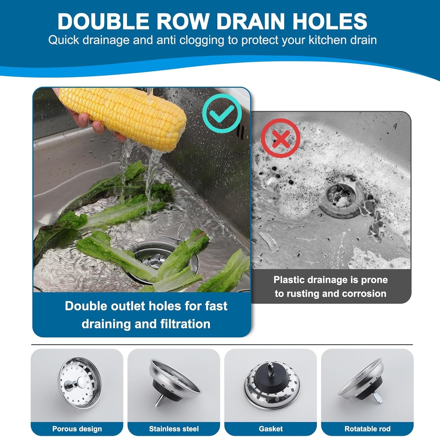 Kitchen Sink Stainless Steel Basket Strainer with Drain Assembly
