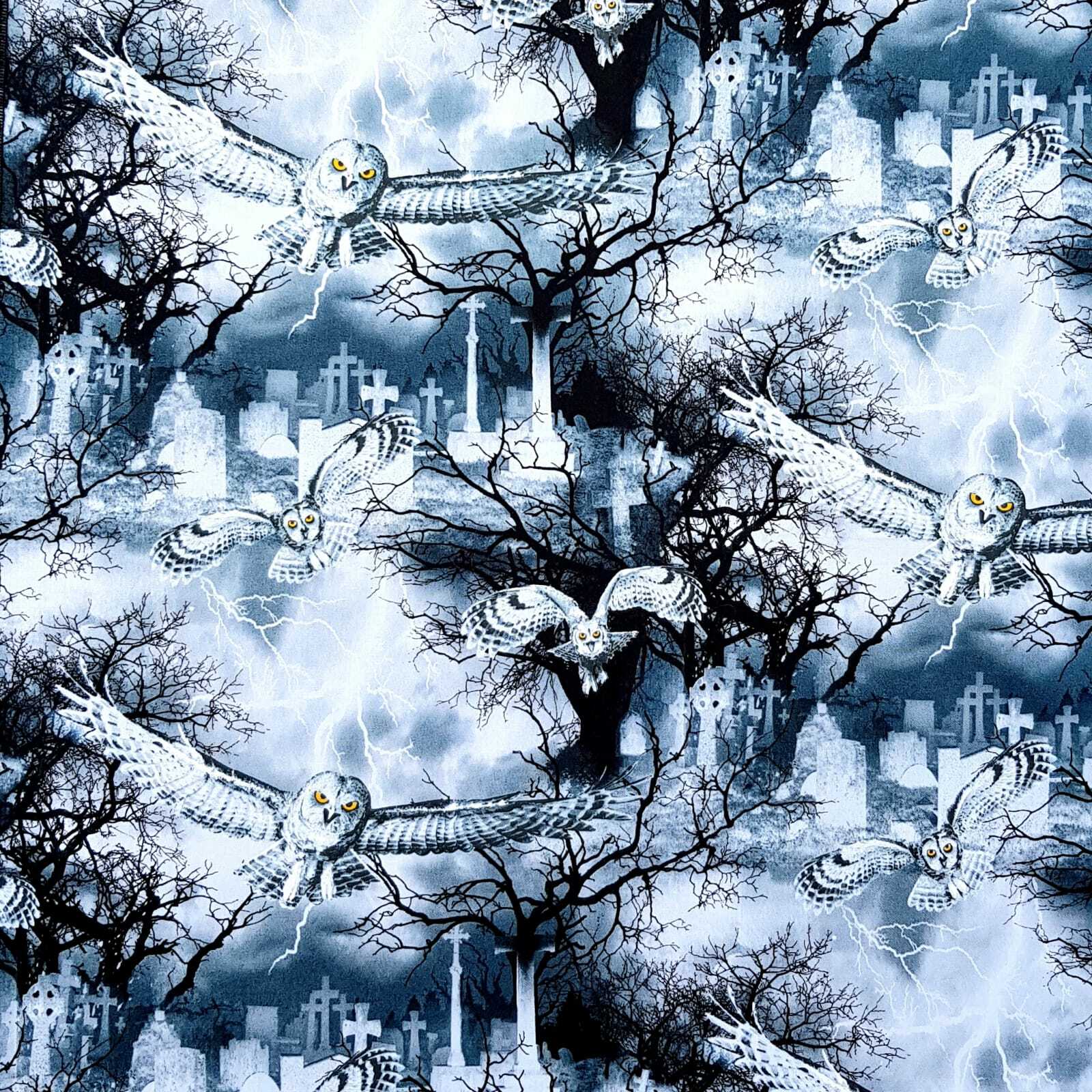 Half metre Owl in Flight 100% Cotton Fabric Gothic