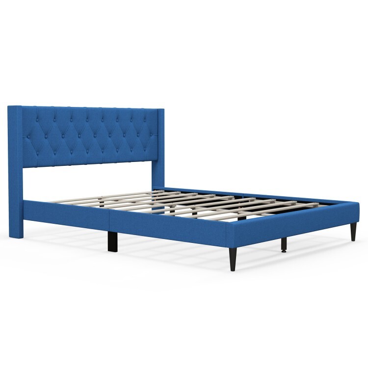 Queen Size Platform Bed Frame Upholstered With Button Tufted Wingback Headboard