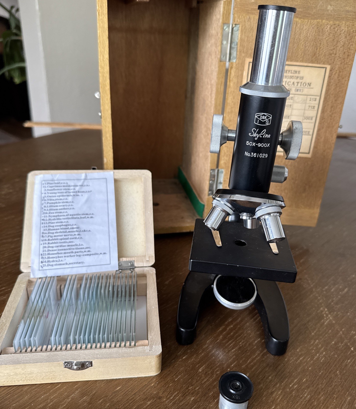 Vintage Skyline Student Microscope School 50x-900x Wooden Case Japan #361029
