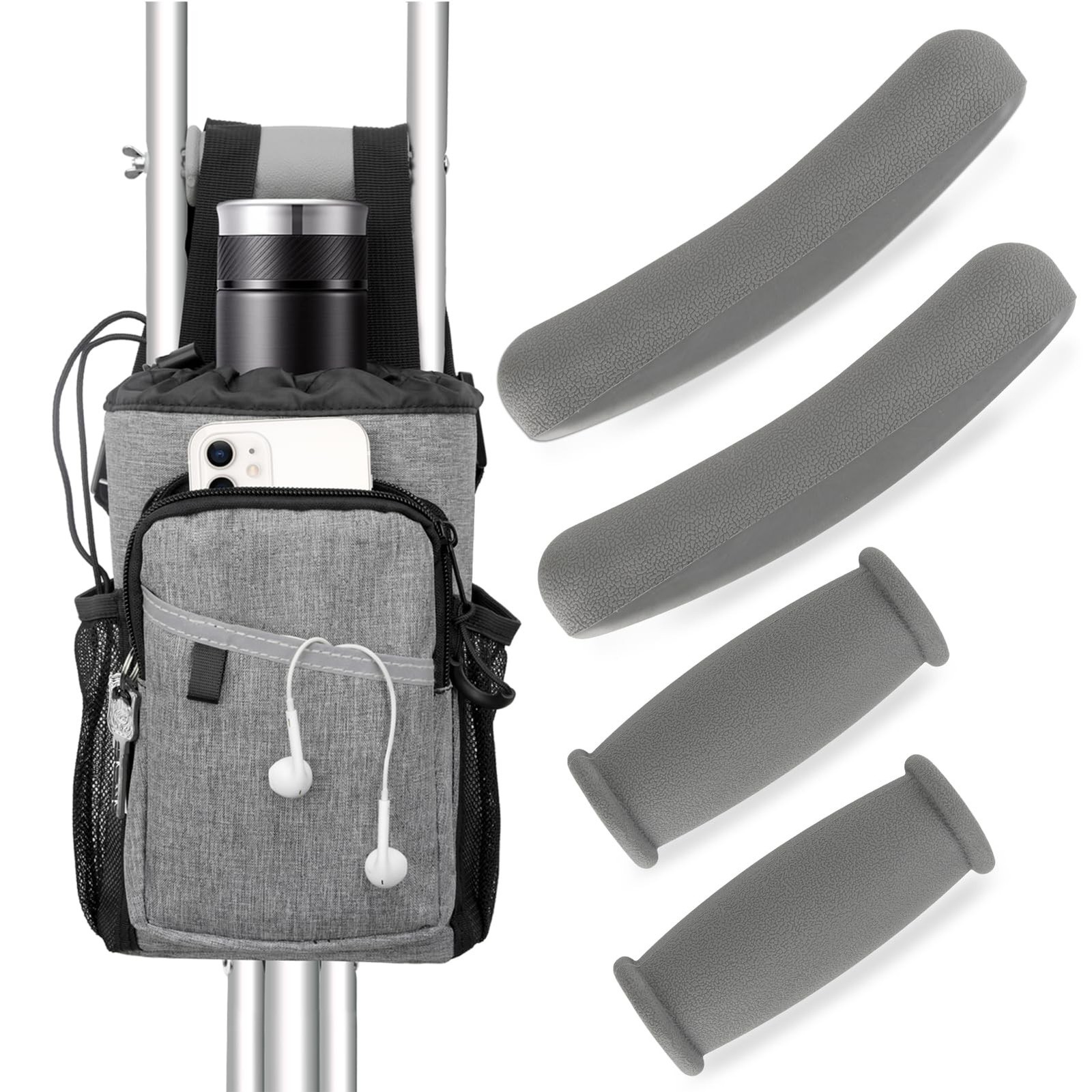 5 Pcs Crutch Bag Pouch Set, Crutch Pads and Bag, Hand Grips, Crutch Pads, Com...
