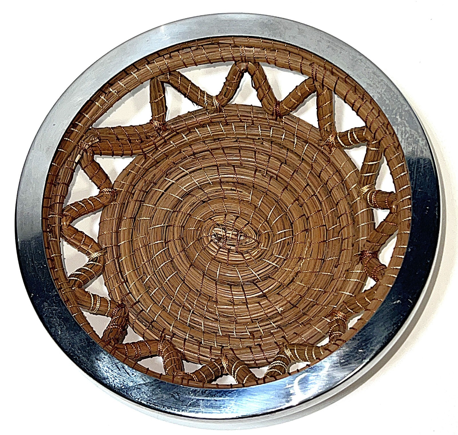 Un Pueblo Pine Needle Woven Bread Round Basket Nickel Metal Rim Mexican Artisan