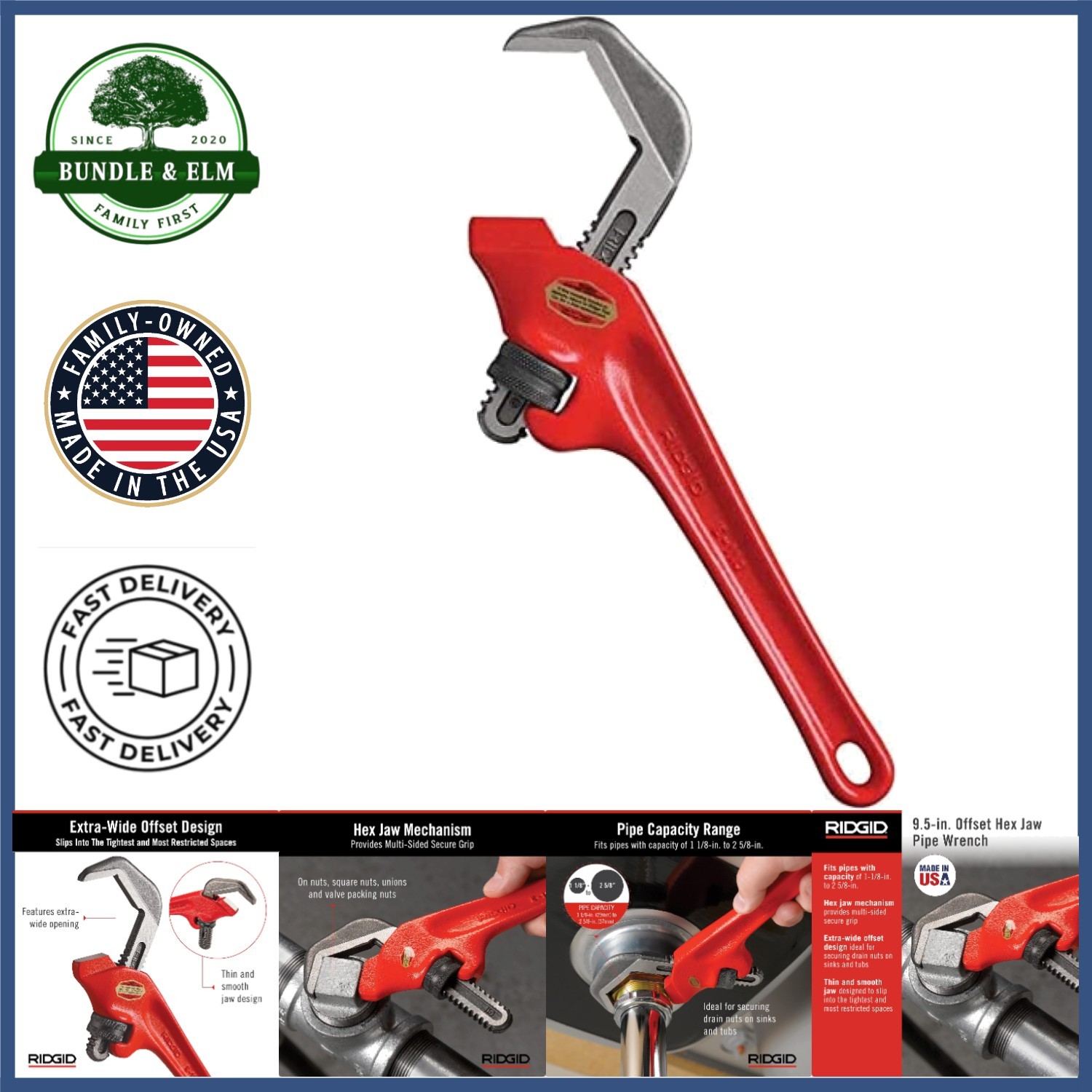 Standard Length 9.5-Inch Pipe Wrench with Extra-Wide Opening for Tight Spaces