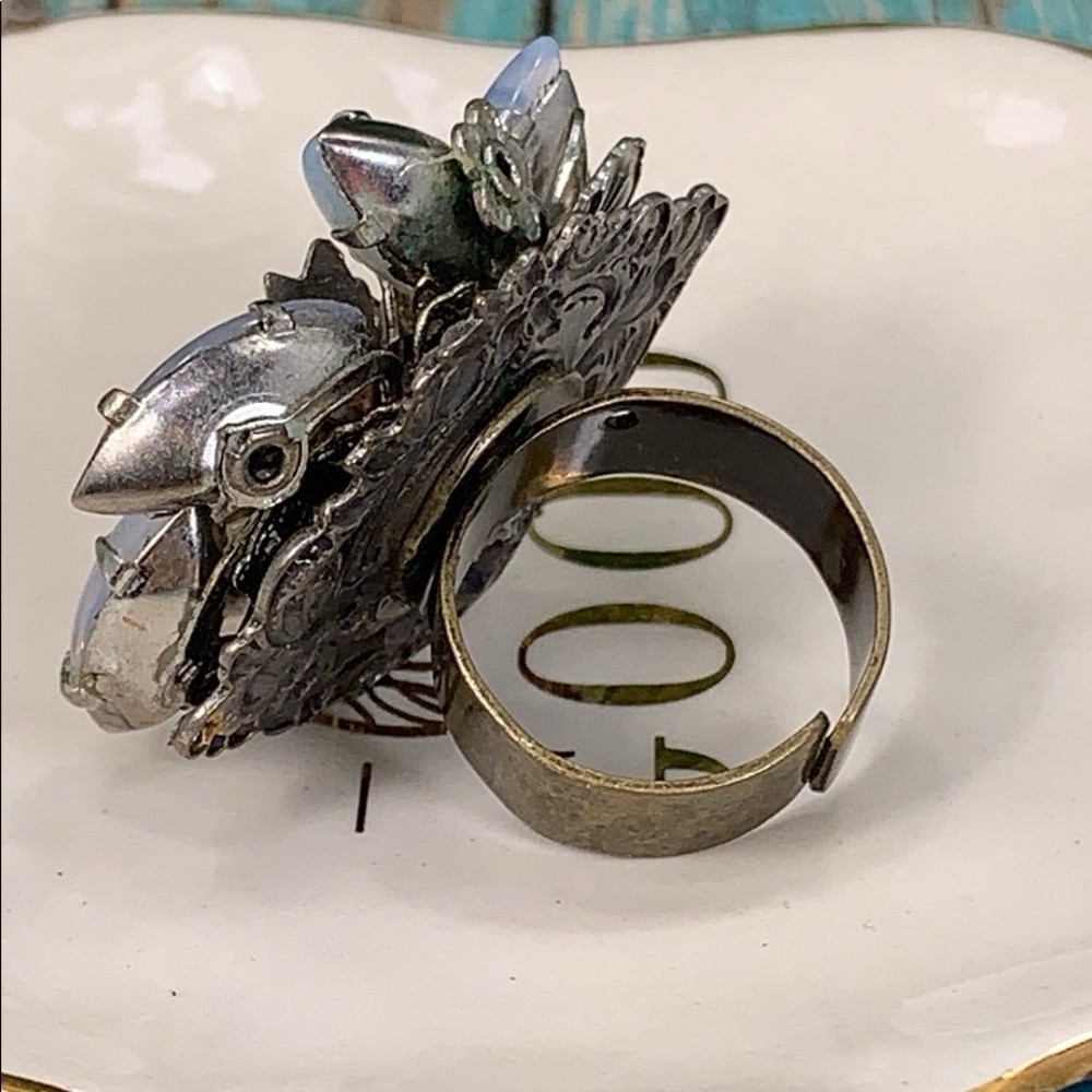 Adorned Crown artisan assemblage moonstone rhinestone cocktail ring