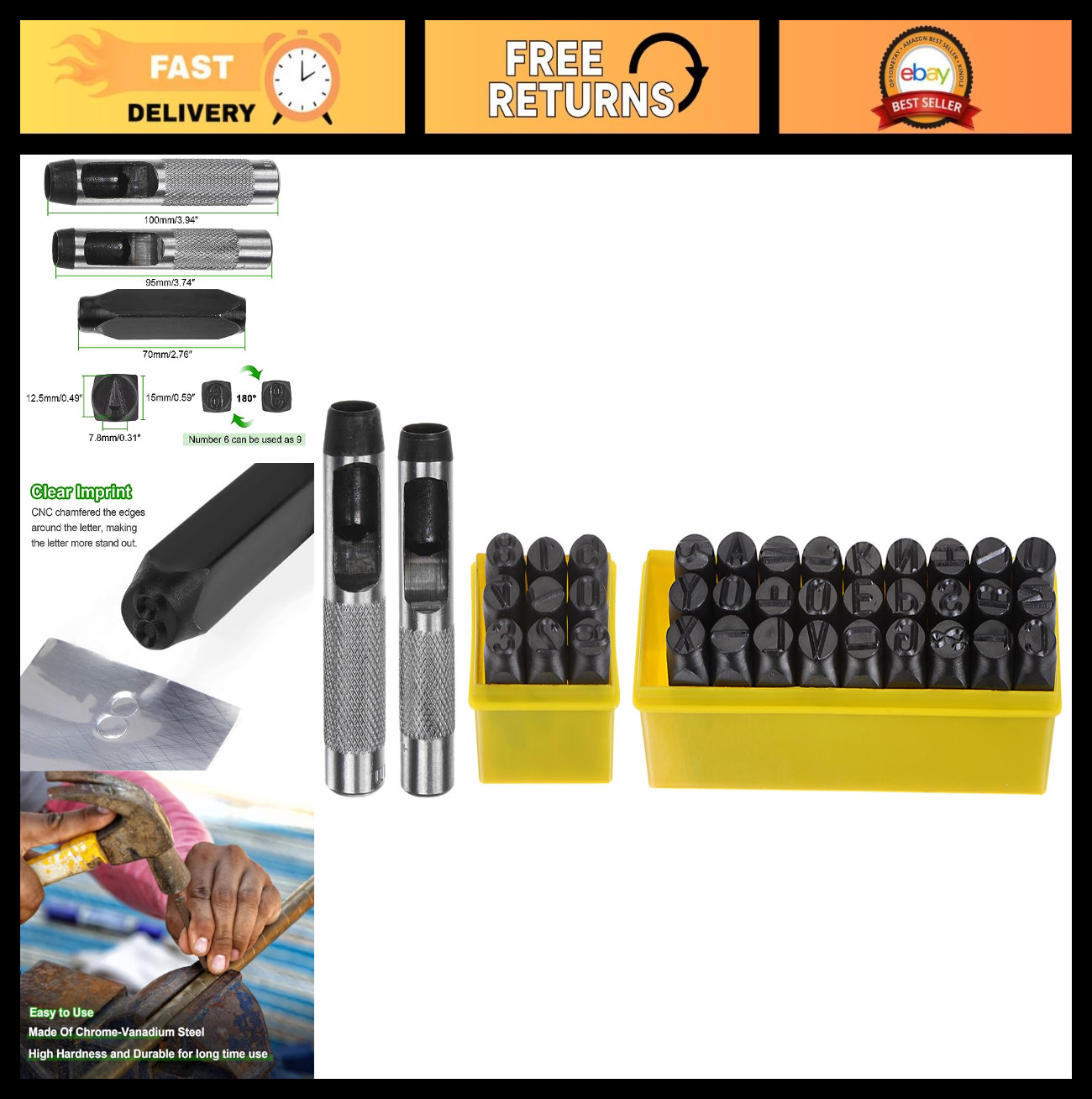 36pcs Metal Stamping Kit - Steel Letter Punch Set A-Z, 0-8, Hole Punch Tool for