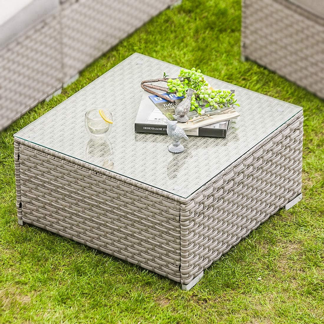 Outdoor Furniture Warm Gray Wicker Glass-Top Coffee Table for Expanding Sectiona