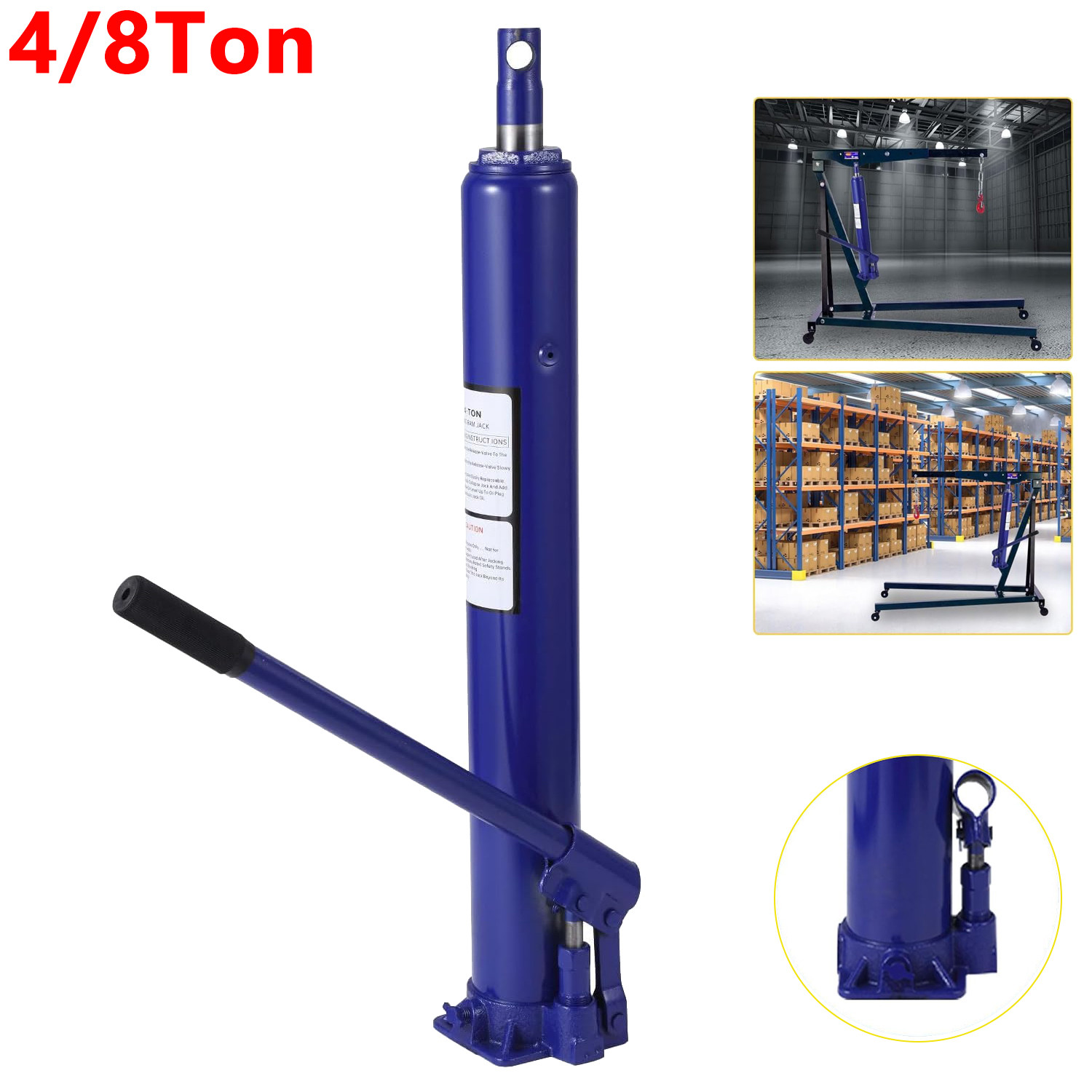 4/8 Ton Hydraulic Long Ram Jack With Single Pump & Flat Base Engine Lift Hoist