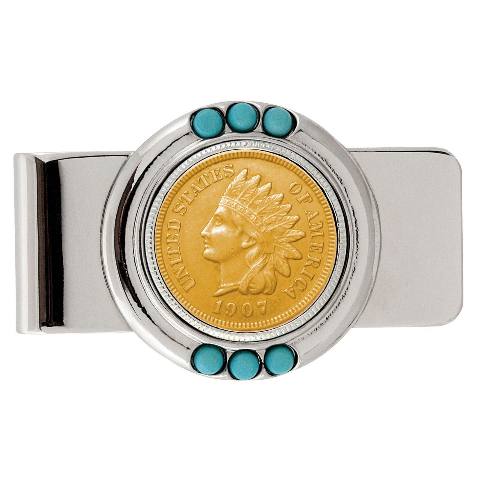 NEW Gold-Layered Indian Penny Turquoise Coin Money Clip 13280