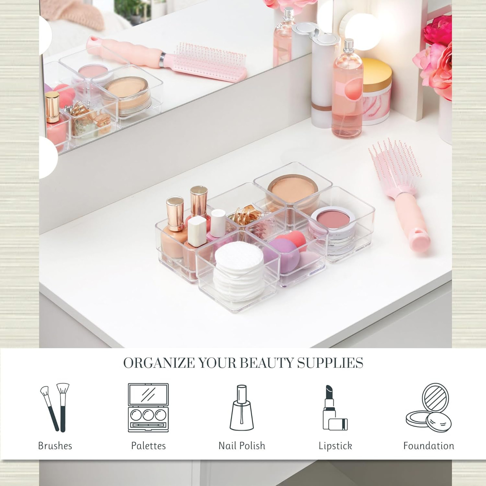 SimpleSort 6-Piece Stackable Clear Drawer Organizer Set, 3x3 Inch Square Bins