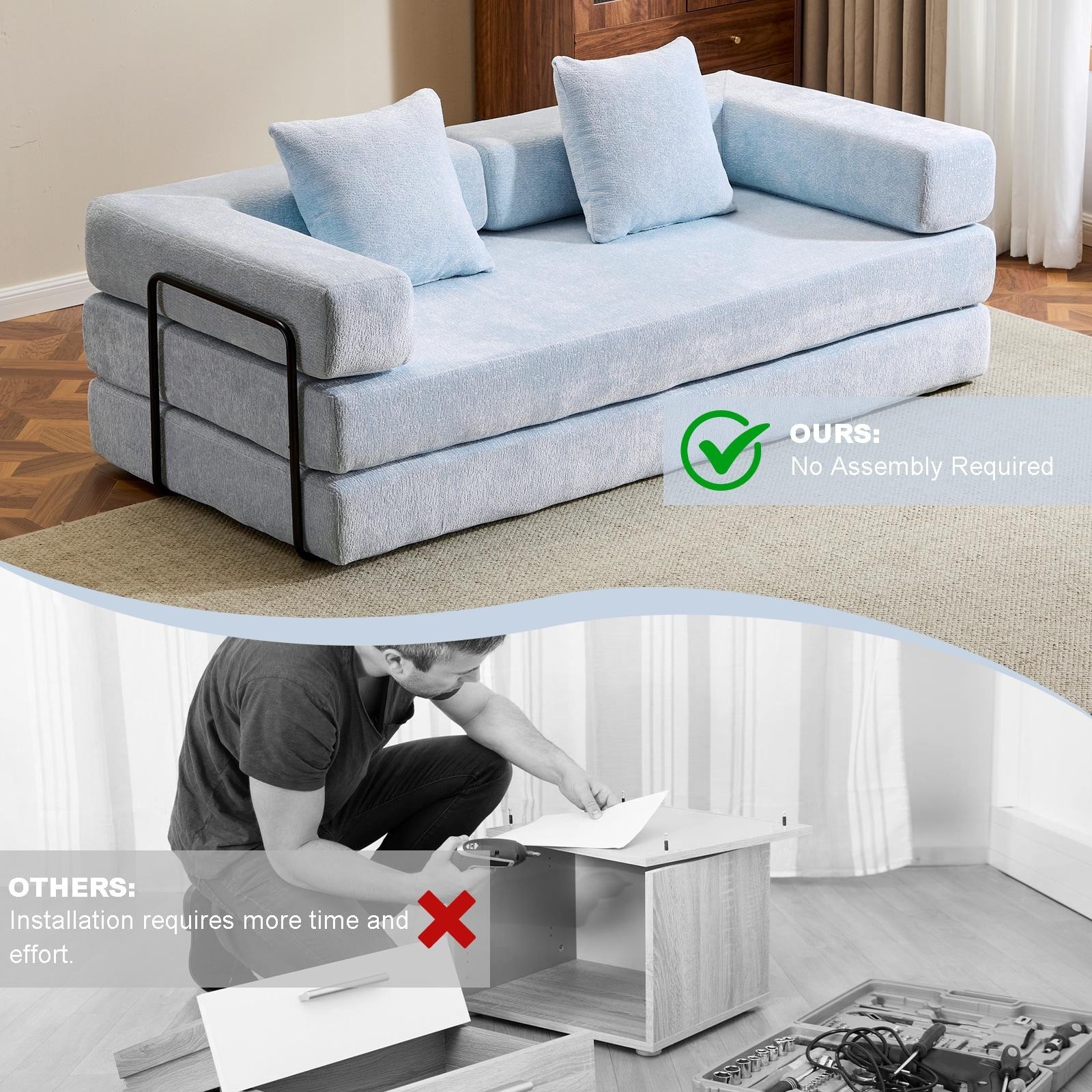 Convertible Floor Light Blue Chenille Sofa Bed W/ Pillow Armrest