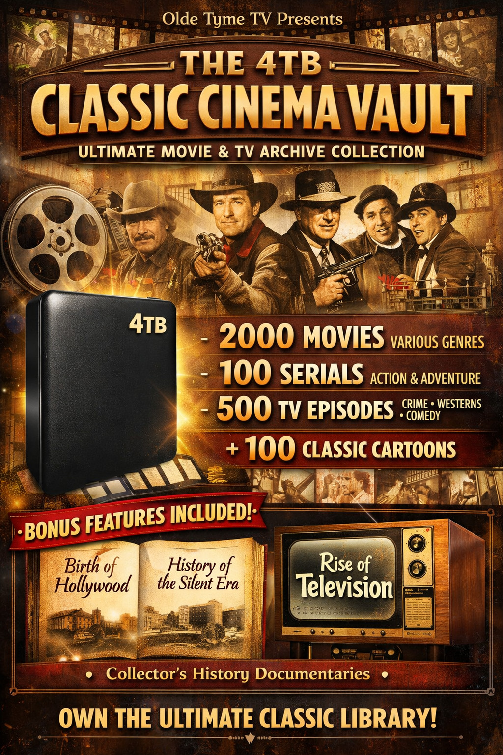 4TB Classic Movie Vault 2000 Films 100 Serials 500 TV Episodes Collectiion