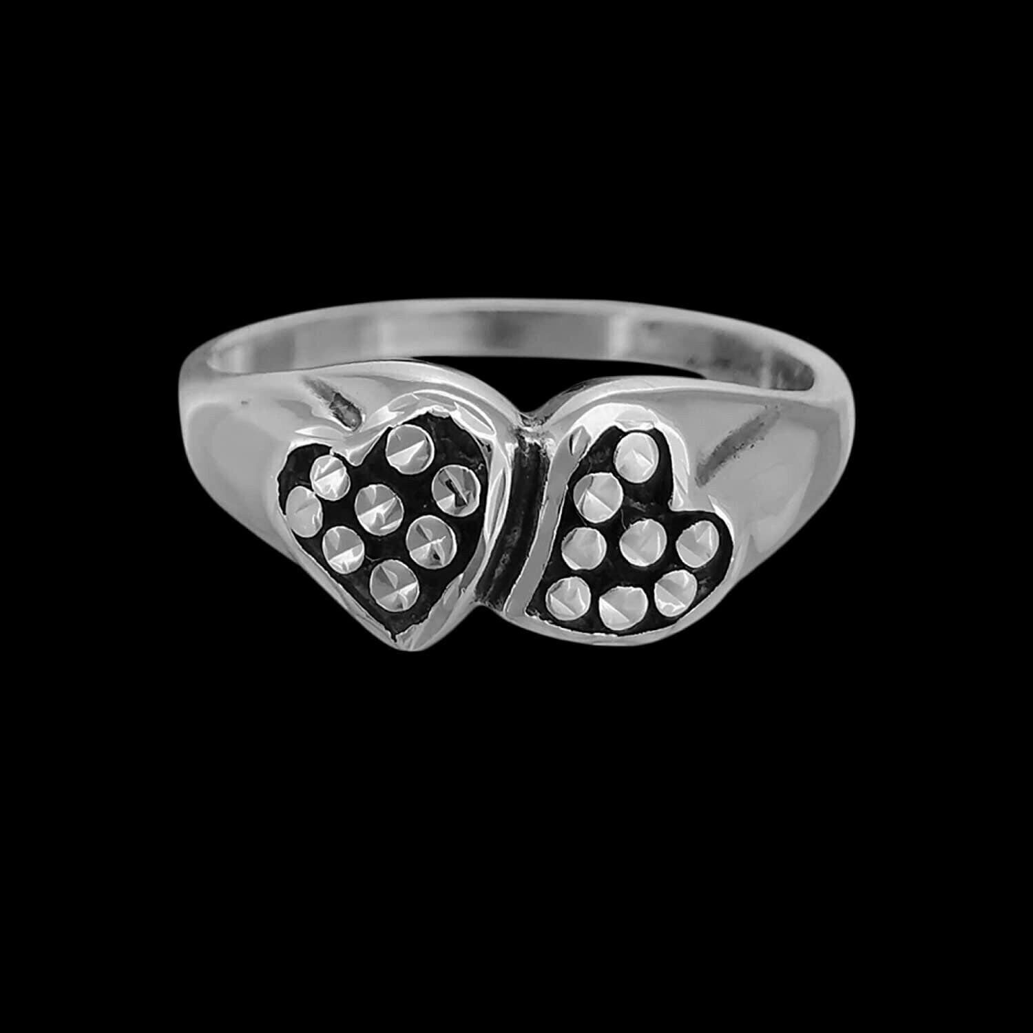 Sterling Silver Diamond Cut Two Hearts Ring