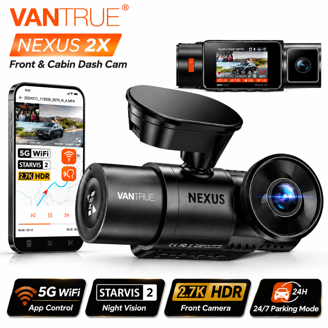 Vantrue N2X 2.7K Dual Dash Cam Front & Cabin, 5G WiFi GPS STARVIS 2 Night Vision