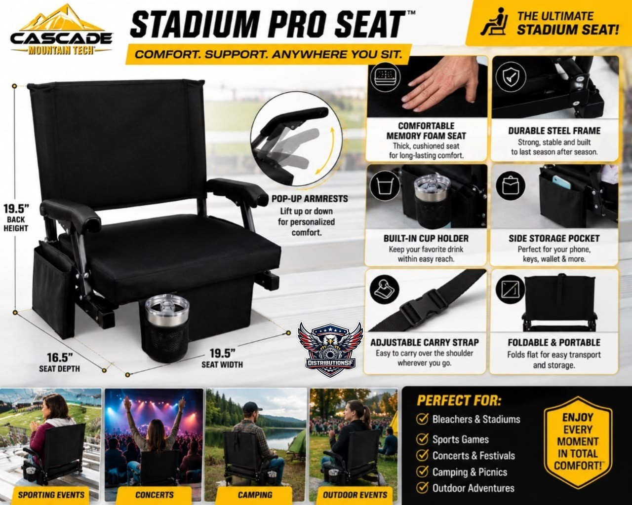 Cascade Mountain Tech Stadium Pro Seat Foldable Bleacher Chair w/ Armrests