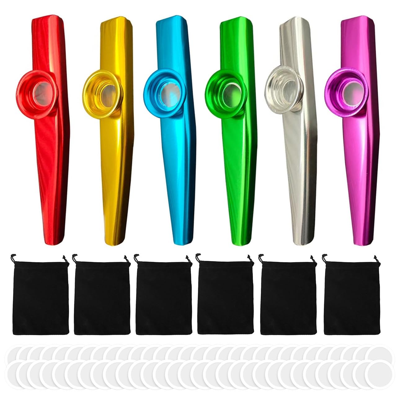 6 Sets Aluminum Metal Kazoo Instrument with 60 Membranes 6 Flannel Bags