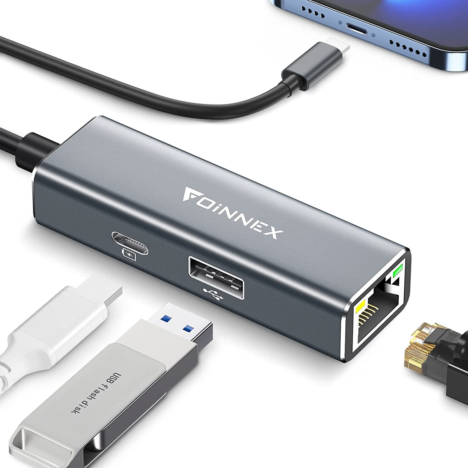 Ethernet to Lighting Adapter with USB Data Sync and Charge Plug and Play for LAN
