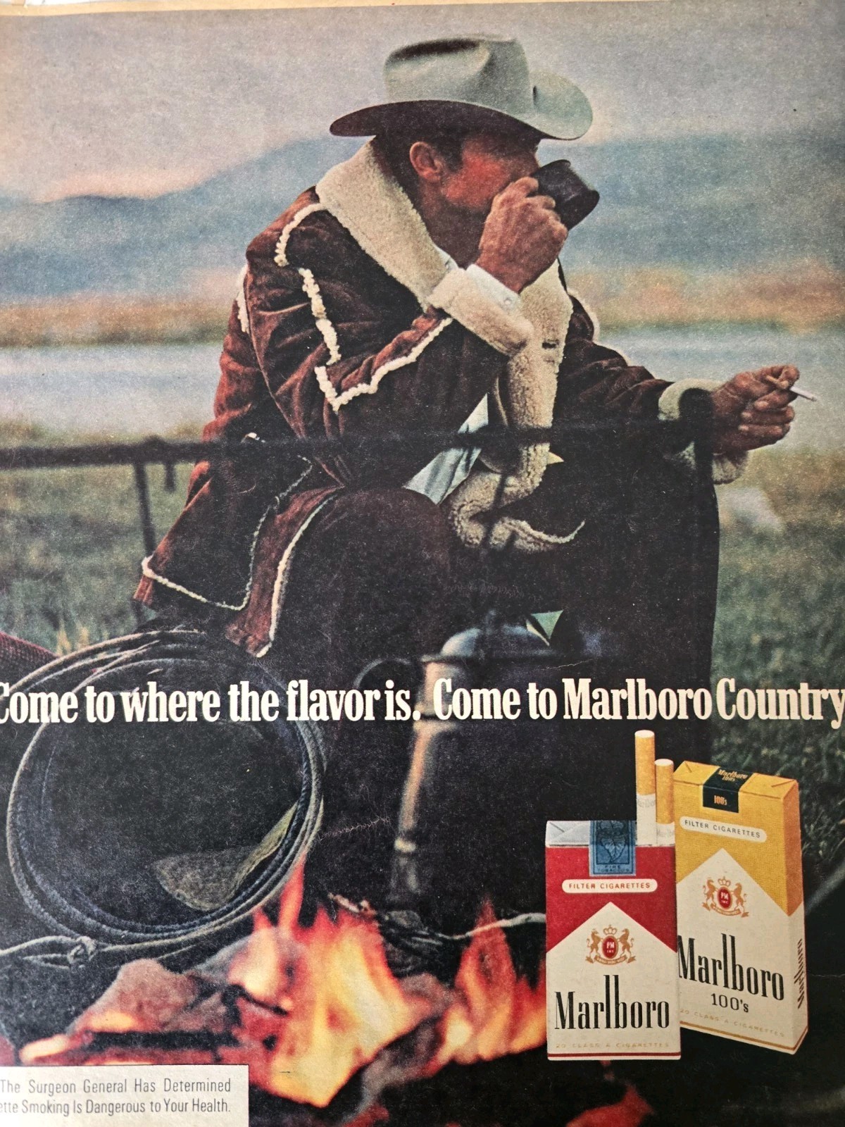 1973 Marlboro Cigarettes Cowboy smoking coffee campfire vintage ad
