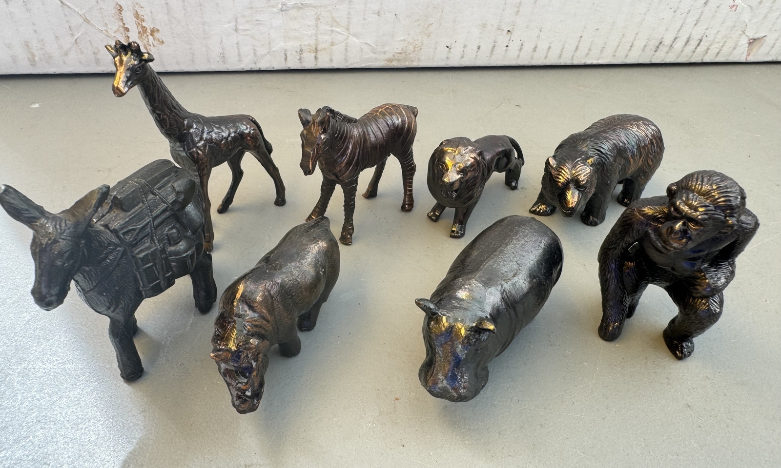 Lot of 8 Metal Safari Animal Figurines Hippo Giraffe Donkey Zebra Gorilla Lion