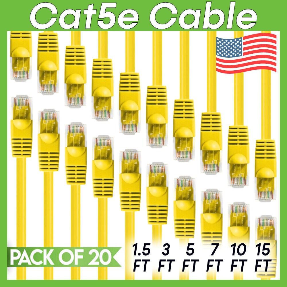 20 PACK Cat5e Cable Yellow Cat 5 Patch Cord Ethernet RJ45 Connectors LAN Wire